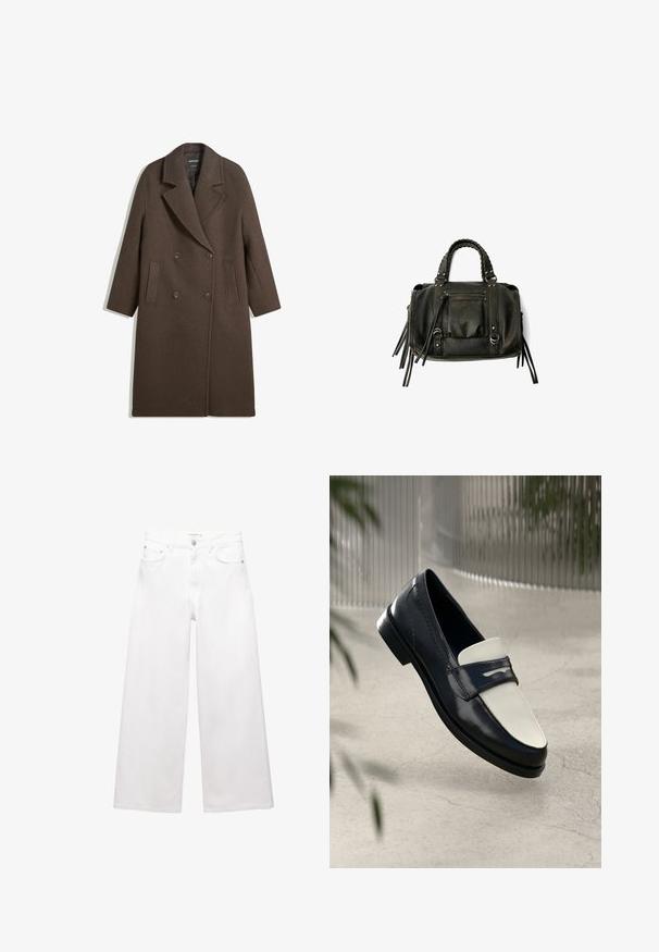 Manteau en laine marron à double boutonnage avec larges revers, quatre boutons, manches longues et deux poches avant fendues, posé à plat sur un fond blanc.; Haut blanc à manches longues avec un col bateau. Fabriqué en matériau doux, il présente des manches évasées et un ourlet droit, offrant un design simple et polyvalent.; Jean blanc à jambes larges en coton, avec une taille haute, un design à cinq poches et des accents en laiton. Texture lisse, sans déchirures.; Mocassin en cuir noir et blanc avec des coutures décoratives, flottant au-dessus d'un sol en béton avec des plantes floues en arrière-plan.; Sac à main en cuir noir avec des poignées tressées, une poche zippée et des glands suspendus. Surface texturée avec des clous en métal et des accents en métal.