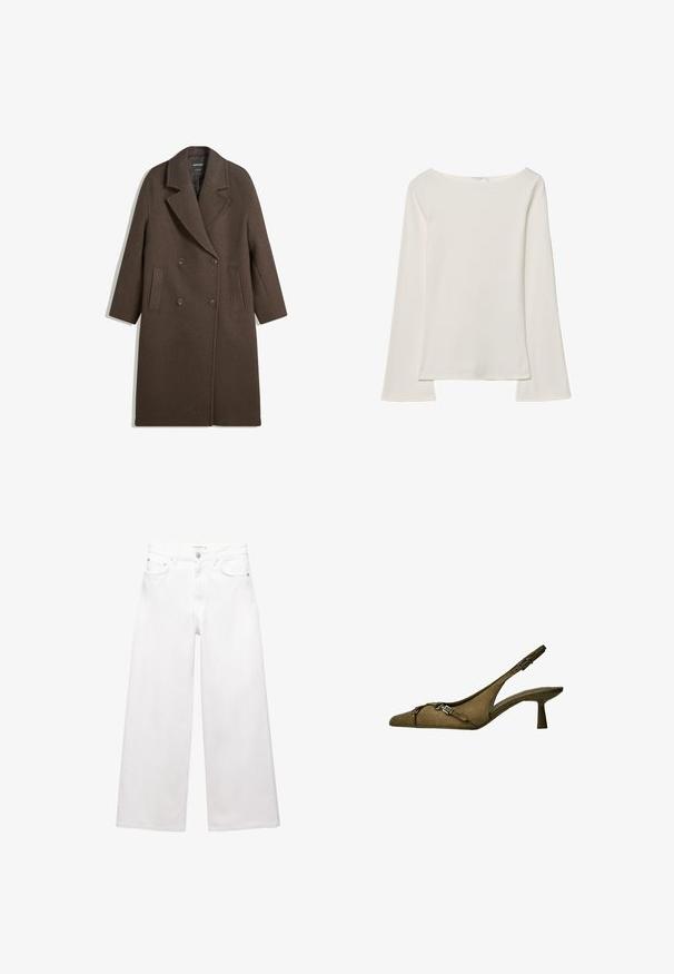 Brązowy podwójnie zapinany wełniany płaszcz z szerokimi klapami, czterema guzikami, długimi rękawami i dwoma przednimi kieszeniami szczelinowymi, leży płasko na białym tle.; Biała bluzka z długim rękawem i dekoltem łódkowym. Wykonana z miękkiego materiału, z rozszerzanymi rękawami i prostym wykończeniem, oferująca prosty i uniwersalny design.; Białe dżinsy o szerokich nogawkach wykonane z bawełny, z wysokim stanem, pięcioma kieszeniami oraz mosiężnymi detalami. Gładka, nieprzetarta faktura.; Zielona zamszowa sandal z odkrytymi piętami, z noskiem w kształcie szpica, regulowanym paskiem oraz srebrną klamrą; niski, rozkloszowany obcas dla stabilności.