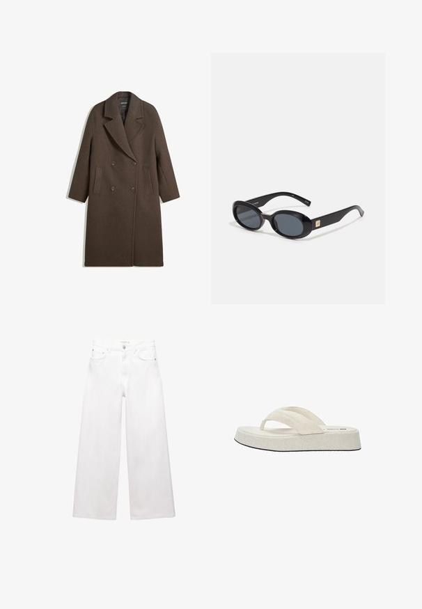 Brun dobbeltbrystet uldfrakke med brede revers, fire knapper, lange ærmer og to frontslidslommer, lagt fladt på hvid baggrund.; Hvid langærmet top med bådudskæring. Lavet af blødt materiale, harflammende ærmer og en lige kant, hvilket giver et enkelt og alsidigt design.; Hvide bredde bukser lavet af bomuld, med høj talje, fem-lomme design og messingdetaljer. Glat, ikke-slidt tekstur.; Beige flip-flop med et tekstureret stof øverste, to remme og en flad, polstret sål med en sort ydersål. Enkel, minimalistisk design.; Sorte ovale solbriller med mørke linser, glansfuld plastikramme, brede arme og en lille gul accent på den ene side.; Sort læderhåndtaske med flettede håndtag, lynlåslomme og hængende frynser. Tekstureret overflade med metalnitter og hardware-accenter.