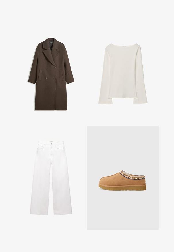 Brązowy podwójnie zapinany wełniany płaszcz z szerokimi klapami, czterema guzikami, długimi rękawami i dwoma przednimi kieszeniami szczelinowymi, leży płasko na białym tle.; Biała bluzka z długim rękawem i dekoltem łódkowym. Wykonana z miękkiego materiału, z rozszerzanymi rękawami i prostym wykończeniem, oferująca prosty i uniwersalny design.; Białe dżinsy o szerokich nogawkach wykonane z bawełny, z wysokim stanem, pięcioma kieszeniami oraz mosiężnymi detalami. Gładka, nieprzetarta faktura.; Beżowe zamszowe buty wsuwane z teksturowaną wełnianą podszewką i dekoracyjnym etnicznym haftem wokół kołnierza. Posiadają gumową podeszwę.