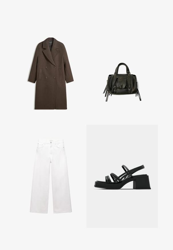 Rjav dvoredni volnen plašč s širokimi reverji, štirimi gumbi, dolgimi rokavi in dvema sprednjima žepoma, položen na belo podlago.; Kremna majica z dolgimi rokavi, širokim izrezom in razširjenimi rokavi. Gladek, lahek material. Preprost, minimalističen dizajn brez okraskov.; Bele široke jeans hlače iz bombaža, z visokim pasom, petimi žepi in medeninastimi dodatki. Gladka, nedotaknjena tekstura.; Črne sandalke na visoki peti z več tankimi trakovi in širokim blok petom. Elegantna zasnova z mat površino. Podplat ima rahlo krivino.; Črna usnjena torba s pletenimi ročaji, žepom na zadrgo in visečimi resicami. Teksturična površina z kovinskimi okrasnimi studenčki in dodatki iz kovine.