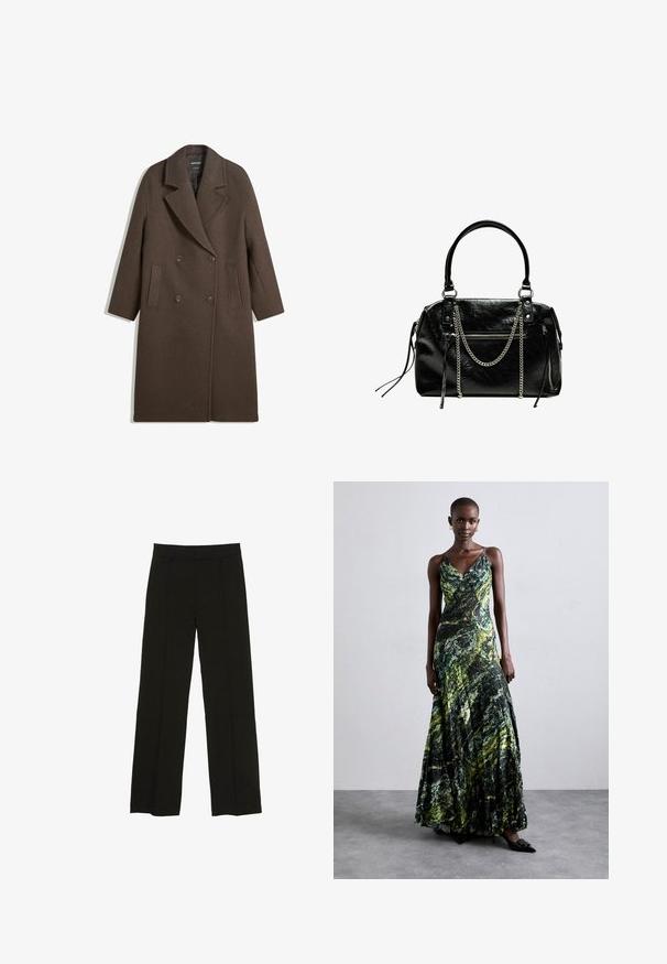Barna, dupla soros gyapjú kabát széles hajtókákkal, négy gombbal, hosszú ujjakkal és két elülső hasíték zsebbel, fehér háttéren elterítve.; Fekete pamut anyag sima textúrával és kerek nyakkivágással, finom, egyenletes szemcsés mintázattal. Nincsenek látható logók vagy díszítések.; Fekete, bő szárú nadrág sima anyagból, melynek kényelmes derékrésze és diszkrét elülső redők adnak extra textúrát.; Zöld és fekete márványos mintájú maxi ruha, könnyű anyagból készült. V-nyakkivágása, vékony pántjai és laza sziluettje van.; Bershka WITH CHAIN - Kézitáska - black