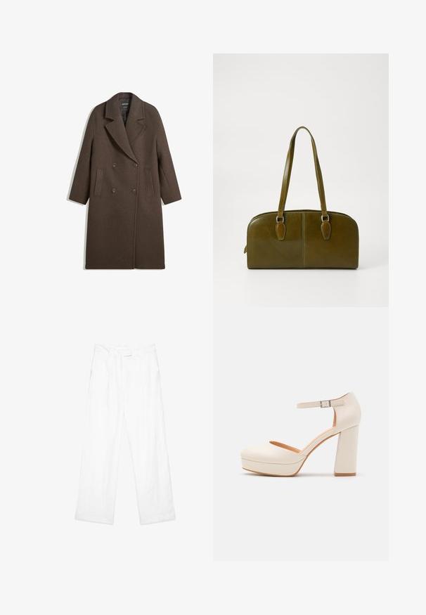 Brun dubbelknäppt ulljacka med breda slag, fyra knappar, långa ärmar och två framfickor, liggande platt på vit bakgrund.; Överdimensionerad vit bomullen t-shirt med korta ärmar, rund halsringning och slät yta. Inga mönster eller synliga detaljer.; Vit linnebyxor med lös passform, med rak bendesign, framfickor och platt midjeband. Slät textur genom hela plagget.; Krämfärgade platåklackar med rund tå och justerbart vristband. Har en kraftig blockklack med en lätt träfinish.; Olivgrön läderhandväska med rundad form, dubbla handtag och sömlig front. Har en len yta och subtila sömnadsdetaljer.