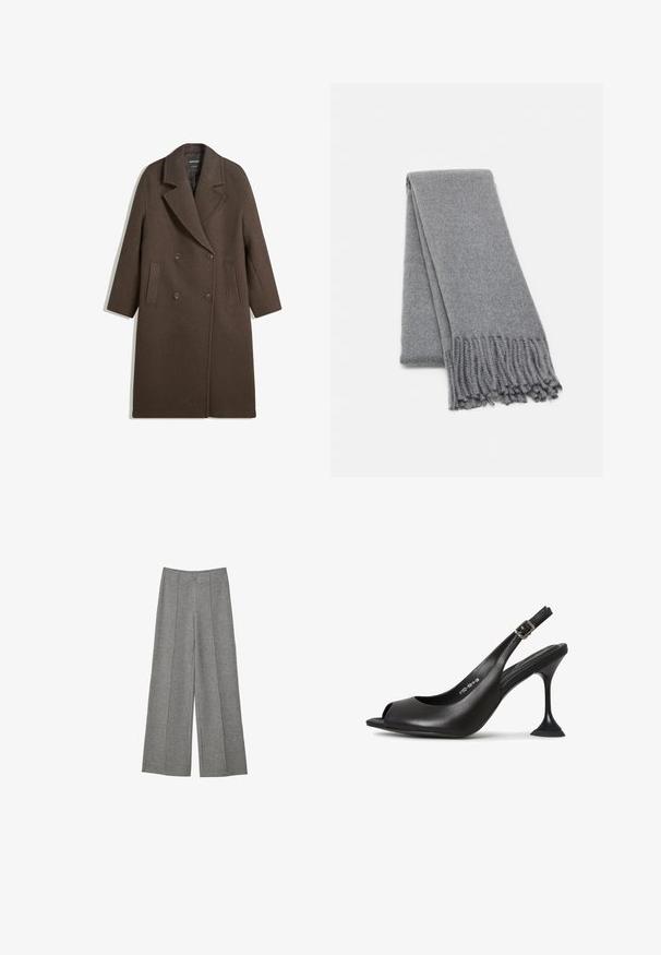 Brauner doppelt gepolsterter Wollmantel mit breiten Revers, vier Knöpfen, langen Ärmeln und zwei vorderen schrägen Taschen, flach auf einem weißen Hintergrund ausgelegt.; Hellbeige Langarmshirt aus weichem Stoff, mit Rundhalsausschnitt und lockerer Passform, geradem Saum und minimalen Nähdetails.; Grauweite Beinhosen aus strukturiertem Stoff. Mit Falten an der Vorderseite, einem Bund und ohne sichtbare Verschlüsse.; Schwarze Leder-Slingback-High Heels mit offener Zehe, spitzer Form, schmalem Absatz, der ausläuft, und quadratischem Fuß. Texturierte Oberfläche und Schnalle-Detail.; Grau gestrickter Wollschal mit einer weichen Textur, mit fransigen Kanten und einem schlichten Design. Ordentlich gefaltet, wobei seine längliche Form zur Geltung kommt.