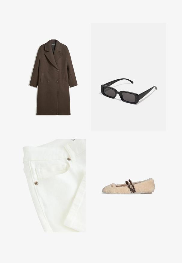 Rjav dvoredni volnen plašč s širokimi reverji, štirimi gumbi, dolgimi rokavi in dvema sprednjima žepoma, položen na belo podlago.; Bež majica z dolgimi rokavi in okroglim izrezom, s nabranimi detajli ob straneh, izdelana iz mehke, teksturirane tkanine.; Bele jeans iz belim denimom s gladko teksturo, z dvojnim šivom na pasu, sprednjimi žepi in kovinskimi detajli.; Bežasti puhasti mokasini s dvema temno-rjavima nastavljivima pasom čez vrh in majhnim zlatim emblemom blizu prstov.; Črne pravokotne sončna očala z temnimi lečami, sijajna površina, široka ročaja in masiven okvir. Vgravirano ime blagovne znamke na eni ročaji.