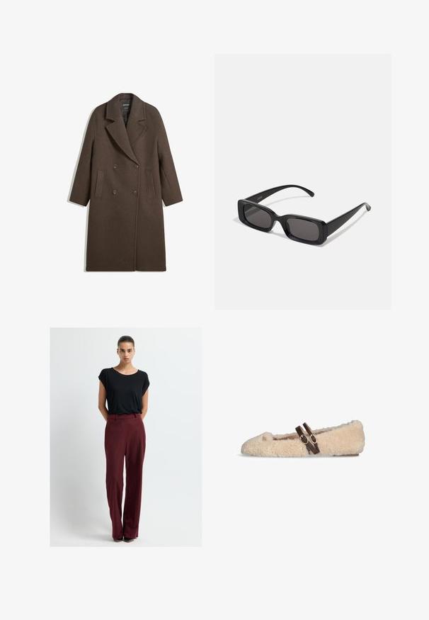 Brown double-breasted wool coat with wide lapels, four buttons, long sleeves, and two front slit pockets, laid flat on white background.; Beige long-sleeve top with a round neckline and gathered detailing at the sides, crafted from a soft, textured fabric.; Black short-sleeve T-shirt paired with high-waisted, tailored burgundy trousers. The fabric appears smooth, with a relaxed fit and clean lines.; Beige fuzzy flat shoe with two dark brown adjustable buckle straps across the top and a small gold emblem near the toe.; Black rectangular sunglasses with dark lenses, glossy finish, wide arms, and a chunky frame design. Engraved brand name on one arm.