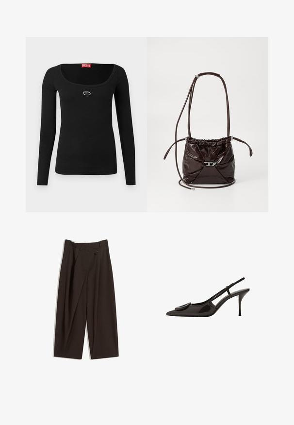 Brązowy podwójnie zapinany wełniany płaszcz z szerokimi klapami, czterema guzikami, długimi rękawami i dwoma przednimi kieszeniami szczelinowymi, leży płasko na białym tle.; Czarny top z długim rękawem wykonany z prążkowanej tkaniny, z szerokim dekoltem w kształcie litery U oraz małym srebrnym logo na piersi. Gładka faktura.; Ciemnobrązowe szerokie spodnie o wysokim stanie, z pojedynczym zapięciem na guzik i plisowanym przodem. Wykonane z lekkiego materiału.; Czarna, lakierowana na wysoki połysk, sandałowa szpilka z ostrym noskiem, minimalistycznym wzornictwem, małym okrągłym akcentem na przodzie buta oraz smukłym obcasem.; Ciemnobrązowa, błyszcząca skórzana torba na ramię z marszczoną górą i cienkim, regulowanym paskiem, z małym srebrnym zapięciem z przodu.