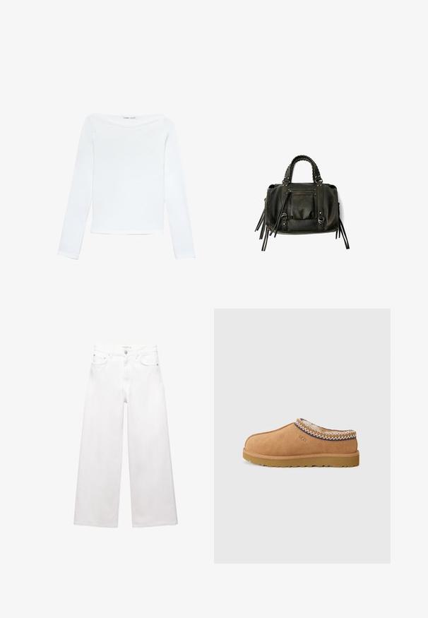 Brun dobbeltbrystet uldfrakke med brede revers, fire knapper, lange ærmer og to frontslidslommer, lagt fladt på hvid baggrund.; Hvid langærmet bådhals T-shirt med slim fit og glat tekstur, lagt fladt på en hvid baggrund.; Hvide bredde bukser lavet af bomuld, med høj talje, fem-lomme design og messingdetaljer. Glat, ikke-slidt tekstur.; Tan ruskinds slip-on sko med et tekstureret uldfor og dekorativ etnisk-inspireret stitching rundt om kraven. Har gummisål.; Sort læderhåndtaske med flettede håndtag, lynlåslomme og hængende frynser. Tekstureret overflade med metalnitter og hardware-accenter.