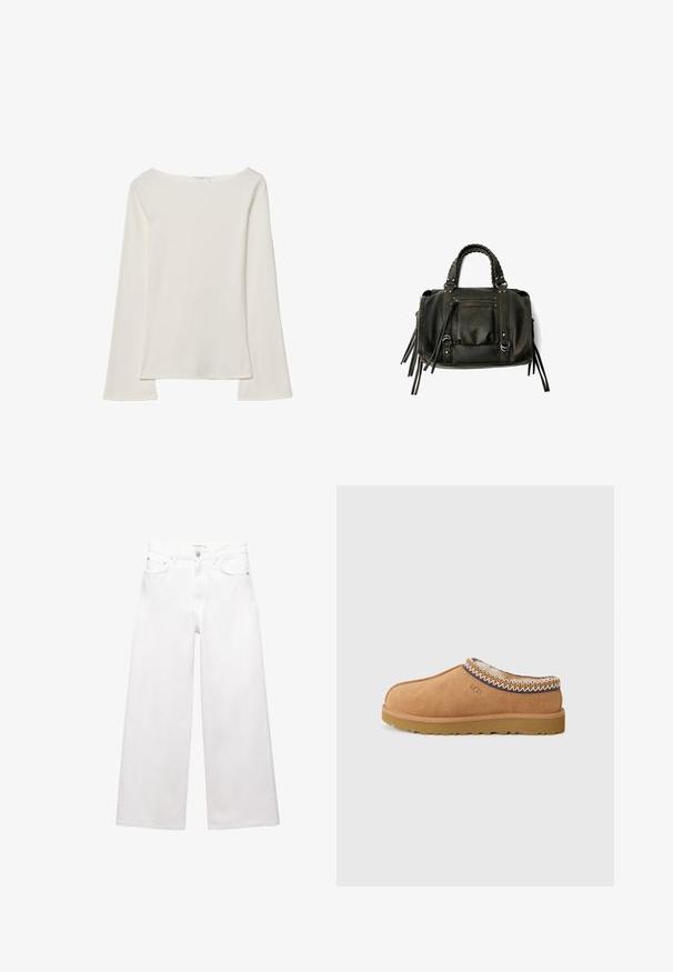 Hnědý dvouřadý vlněný kabát s širokými klopami, čtyřmi knoflíky, dlouhými rukávy a dvěma předními šikmými kapsami, položený na bílém pozadí.; Bílý dlouhý rukáv top s lodičkovým výstřihem. Vyroben z měkkého materiálu, má zvonové rukávy a rovný lem, nabízí jednoduchý a univerzální design.; Bílé široké džíny vyrobené z bavlny, s vysokým pasem, pěti kapsami a akcenty z mosazného hardwaru. Hladká, nedotčená textura.; Béžová semišová nazouvací bota s texturovanou vlněnou podšívkou a dekorativním etnickým prošíváním kolem kotníku. Má gumovou podrážku.; Černá kožená kabelka s pletenými rukojetmi, kapsou na zip a visícími třásněmi. Texturovaný povrch s kovovými hroty a kovovými akcenty.