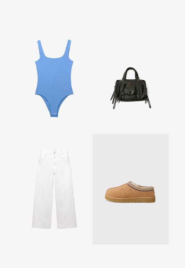 Brązowy podwójnie zapinany wełniany płaszcz z szerokimi klapami, czterema guzikami, długimi rękawami i dwoma przednimi kieszeniami szczelinowymi, leży płasko na białym tle.; Jasnoniebieski strój kąpielowy z dekoltem w serek, szerokimi ramiączkami, wysokim krojem nóg i gładkim, elastycznym materiałem. Posiada zapięcie na zatrzask u dołu.; Białe dżinsy o szerokich nogawkach wykonane z bawełny, z wysokim stanem, pięcioma kieszeniami oraz mosiężnymi detalami. Gładka, nieprzetarta faktura.; Beżowe zamszowe buty wsuwane z teksturowaną wełnianą podszewką i dekoracyjnym etnicznym haftem wokół kołnierza. Posiadają gumową podeszwę.; Czarna skórzana torebka z plecionymi uchwytami, kieszenią na zamek i zawieszkami. Teksturowana powierzchnia z metalowymi ćwiekami i akcentami ze stali.