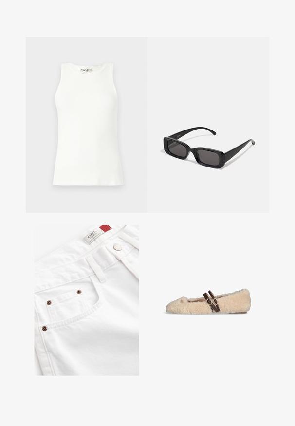 Barna, dupla soros gyapjú kabát széles hajtókákkal, négy gombbal, hosszú ujjakkal és két elülső hasíték zsebbel, fehér háttéren elterítve.; Ujjatlan fehér bordás top, kerek nyakkivágással és testhez simuló fazonnal. Simább textúra és diszkrét márkacímke a gallérnál.; Fehér farmer rövidnadrág, közepes derékkal, öt zsebes stílusban, rézszínű fémrészletekkel. Texturált anyag, varrott díszítéssel.; Beige színű, bolyhos lapos cipő, amelyen két sötétbarna, állítható csattal ellátott pánt található a tetején, és egy kis arany embléma a lábujjak közelében.; Fekete, téglalap alakú napszemüveg sötét lencsékkel, fényes felülettel, széles szárakkal és masszív keret designnal. Az egyik szárra gravírozott márkanevével.