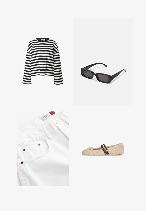 Bruine dubbel-breasted wollen jas met brede revers, vier knopen, lange mouwen en twee voorzakken, plat gelegd op een witte achtergrond.; Zwart-wit gestreepte langemouwen top. Heeft een ronde halslijn en een rechte snit. Zachte stof met contrasterende horizontale strepen.; Witte denim shorts met een mid-rise ontwerp, vijf-pocket stijl en koperen hardware accenten. Textuurstof met gestikte details.; Beige, pluizige platte schoen met twee donkerbruine, verstelbare gespbandjes over de bovenkant en een klein gouden embleem nabij de tenen.; Zwarte rechthoekige zonnebril met donkere lenzen, glanzende afwerking, brede pootjes en een robuust frameontwerp. Gegraveerde merknaam op één van de pootjes.; Zwarte leren hobo tas met een enkele schouderriem, gladde textuur, taps toelopende bovenkant en minimalistisch ontwerp zonder zichtbare hardware.