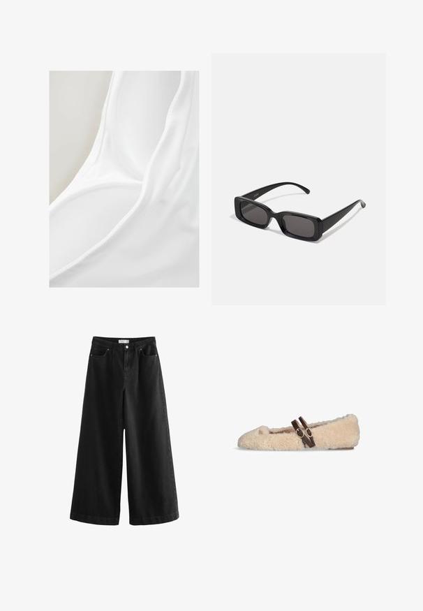 Bruna villakangastakki, jossa on leveät läpät, neljä nappia, pitkät hihat ja kaksi etureikätaskua, aseteltuna tasaisesti valkoiselle taustalle.; Valkoinen uimapuku, jossa on sileä rakenne ja syvä avokuormitus. Materiaali näyttää kevyeltä ja joustavalta, soveltuen veden käyttöön.; Musta leveälahkeinen farkut, joissa on korkeavyötärö, viisi taskua ja siisti viimeistely. Kangas on sileä, ja siinä on vain vähäisiä koristeita.; Beige pehmeä litteä kenkä, jossa on kaksi tummanruskeaa säädettävää solkea ylhäällä ja pieni kultainen emblemipainatus varpaiden lähellä.; Mustat suorakaiteen muotoiset aurinkolasit, joissa tummat linssit, kiiltävä pinta, leveät sangan varret ja massiivinen kehysmuotoilu. Yhden sangansivun kaiverrettu brändinimi.