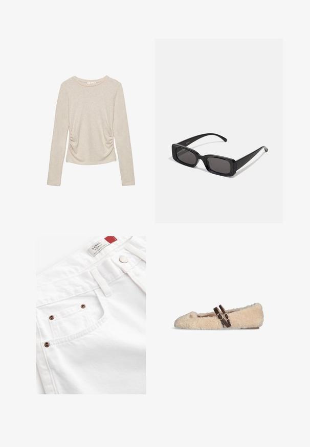 Brauner doppelt gepolsterter Wollmantel mit breiten Revers, vier Knöpfen, langen Ärmeln und zwei vorderen schrägen Taschen, flach auf einem weißen Hintergrund ausgelegt.; Beige Langarmshirt mit rundem Halsausschnitt und gerafften Details an den Seiten, aus einem weichen, strukturierten Stoff gefertigt.; Weiße Denim-Shorts mit einer mittelhohen Taille, im fünf-Taschen-Stil und Akzenten aus kupferfarbenem Metall. Texturiertes Material mit gestickten Details.; Beige, flauschige flache Schuhe mit zwei dunkelbraunen verstellbaren Riemen mit Schnallen über dem Fuß und einem kleinen goldenen Emblem nahe der Zehe.; Schwarze rechteckige Sonnenbrille mit dunklen Gläsern, glänzender Oberfläche, breiten Bügeln und einem klobigen Rahmen-Design. Gravierter Markenname auf einem Bügel.; Weißes Lederhandtasche mit geschwungener Klappe, verstellbarem Tragegurt und silbernen Hardware-Akzenten. Glatte Textur, minimalistisches Design, mittlere Größe.