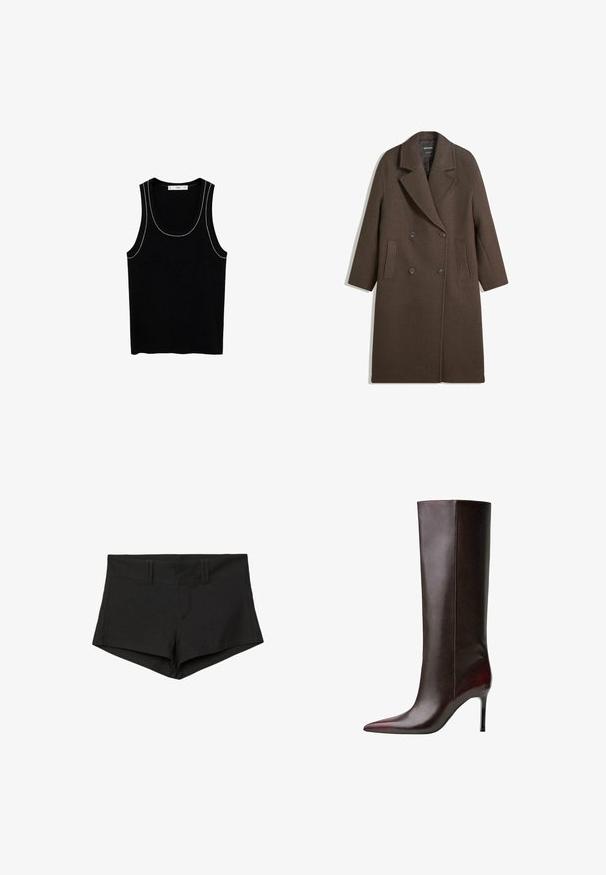 Cappotto di lana marrone a doppio petto con ampi rever, quattro bottoni, maniche lunghe e due tasche anteriori a fessura, steso su sfondo bianco.; Canotta nera a coste con scollo ampio e sottili dettagli in cucitura bianca lungo i bordi. Realizzata in un morbido tessuto testurizzato.; Shorts neri in cotone con un design aderente, dotati di una vita alta e tasche laterali. Il tessuto ha una consistenza liscia e cuciture minime.; Stivale marrone in pelle fino al ginocchio con una punta affilata, texture elegante e tacco a stiletto. Dettagli con cuciture lungo il lato.
