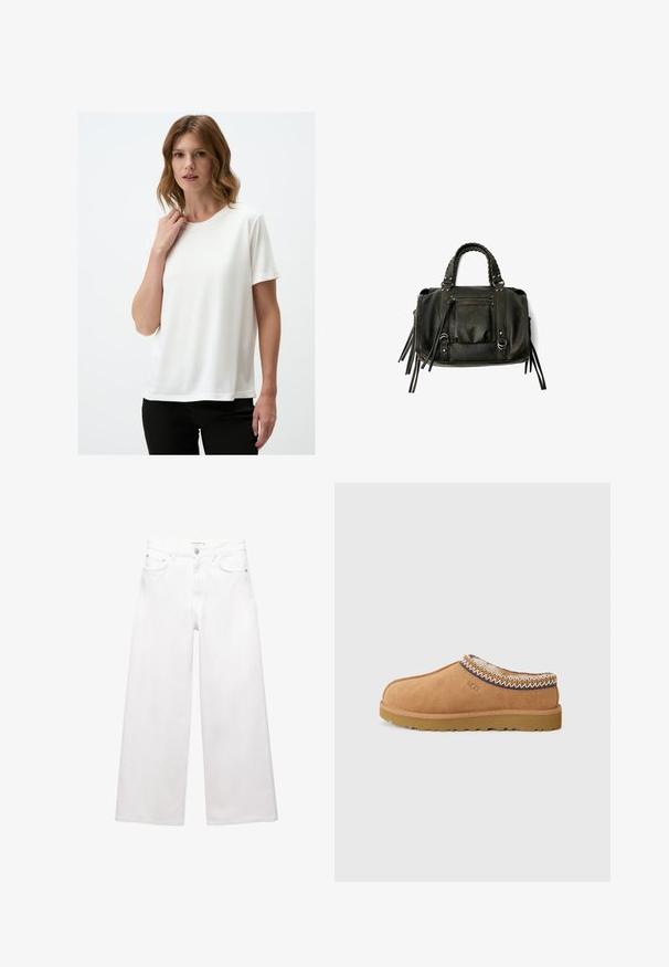 Bruine dubbel-breasted wollen jas met brede revers, vier knopen, lange mouwen en twee voorzakken, plat gelegd op een witte achtergrond.; Witte t-shirt met korte mouwen, gemaakt van een gladde stof en met een ronde hals. Eenvoudig ontwerp, met een losse pasvorm en geen zichtbare patronen.; Witte wijde jeans van katoen, met een hoge taille, vijf-pocket ontwerp en koperen hardware accenten. Glad, niet-gedistressed textuur.; Tan suede instapschoen met een gestructureerde wollen voering en decoratieve etnische stiksel rond de kraag. Voorzien van een rubberen zool.; Zwarte lederen handtas met gevlochten handvatten, ritsvak en hangende franjes. Gelaagde oppervlakte met metalen studs en hardwareaccenten.