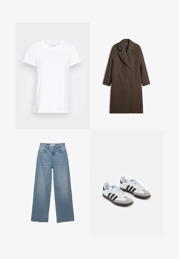 Brązowy podwójnie zapinany wełniany płaszcz z szerokimi klapami, czterema guzikami, długimi rękawami i dwoma przednimi kieszeniami szczelinowymi, leży płasko na białym tle.; Biała koszulka z krótkim rękawem wykonana z miękkiej bawełny. Posiada okrągły dekolt i lekko luźny krój z bocznymi rozcięciami dla zwiększenia komfortu.; Jasnoniebieskie jeansy typu wide-leg wykonane z denimu. Posiadają wysoką talię, pięć kieszeni oraz prosty krój z minimalnym wyblaknięciem.; Buty sportowe z białą skórzaną cholewką, szarym zamszowym noskiem i trzema czarnymi paskami. Posiadają niebieskie logo na języku oraz teksturowaną gumową podeszwę.