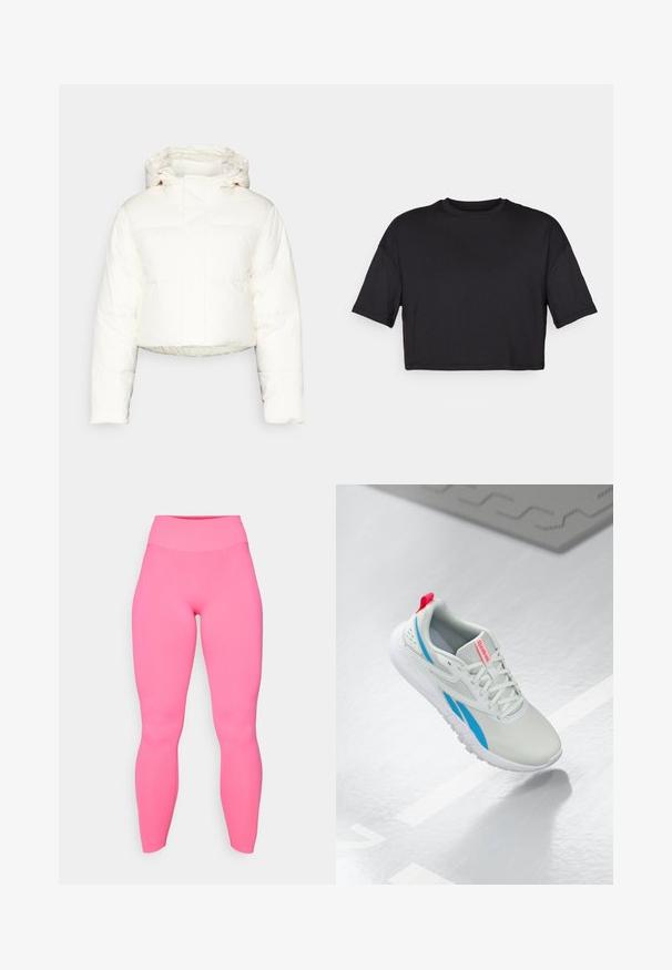 Jacket pufo alb scurt cu glugă, cu un design matlasat, textură netedă și închidere frontală cu fermoar. Cusăturile întărite sunt vizibile.; Tricou scurt negru, confecționat dintr-un material moale, cu decolteu rotund și mâneci scurte și largi, având un design simplu, fără cusături.; Colanți roz cu talie înaltă, făcuți dintr-un material elastic. Textură netedă, design care se îmbină cu corpul, lungime până la glezne și fără modele sau accesorii vizibile.; Sneaker Reebok alb și albastru cu un tab roșu plutind deasupra unei podele strălucitoare, cu un covoraș de cauciuc gri în apropiere.
