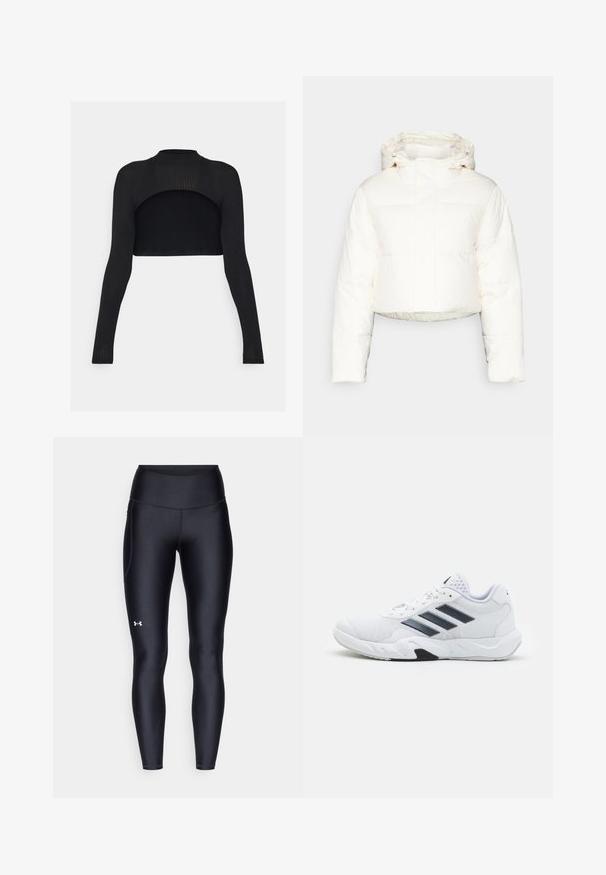 Trumpas baltas pūkinis švarkas su kapišonu, pasižymintis suede dizainu, glotnia tekstūra ir priekiniais užtrauktukais. Matomi sustiprinti siūlai.; Juodas raištinis trumpas viršus su ilgomis rankovėmis, aukštu kaklu ir atvira nugaros dizainu. Lygus tekstūra su prigludusia siluetu.; Juodos leggingai, pagaminti iš lygaus, elastingo audinio su aukštu juosmeniu. Kairiajame šlaunyje yra baltas logotipas ir tvirta konstrukcija.; Baltas sportinis batelis su tinklelio viršumi, trimis juodomis juostelėmis šone, tekstūruotais akcentais ir tvirtu guminio pado su kontrastinga juoda dalimi.