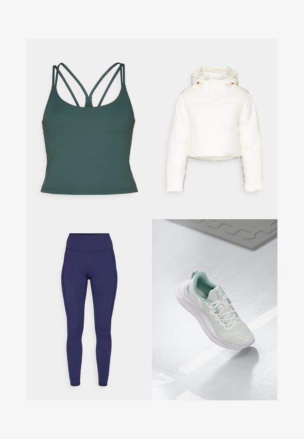 Cropped white puffer jacket with a hood, featuring quilted design, smooth texture, and front zip closure. Reinforced seams visible.; Fabletics PRINCIPAL BUILT IN BRA TANK - Top - everpine; Navy high-waisted leggings made of stretchy fabric. Features flat seams and a close fit, with two side pockets for storage.; Light gray athletic shoe with a textured knit upper, mint green accents, white laces, rubber sole, and pull tab at the heel.