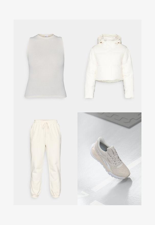 Trumpas baltas pūkinis švarkas su kapišonu, pasižymintis suede dizainu, glotnia tekstūra ir priekiniais užtrauktukais. Matomi sustiprinti siūlai.; Balta banguota be rankovių palaidinė su apvalia iškirpte. Išryškintas dizainas ir lygi tekstūra. Papildomų raštų ar akcentų nematyti.; Kremo spalvos sportinės kelnės, pagamintos iš minkštos medžiagos, su elastingu liemeniu su raišteliu, šoninėmis kišenėmis ir siaurėjančiais raiščiais ties kulkšnimis.; Šviesiai smėliniai sportiniai batai su perforuotu viršumi, tekstūruotomis detalėmis, paminkštintu apvadu ir balta guma, sukurti komfortui ir kvėpuojamumui.