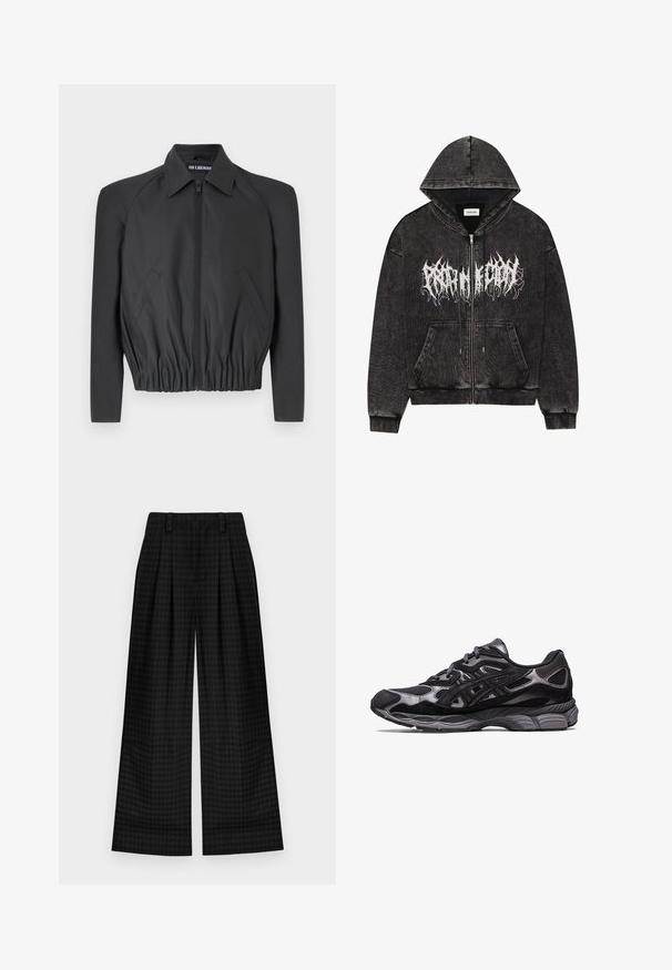 Zwarte cropped jas van gladde stof, met een ritssluiting aan de voorkant, puntige kraag en elastische tailleband, voorzien van zijzakken en lange mouwen.; Zwarte ritshoodie met een capuchon, gemaakt van een gestructureerde stof, met zijzakken en witte grafische letters over de borst.; Zwart langemouwen henley shirt met drie knopen, geribde textuur, gecombineerd met zwarte broeken. Opvallende handjuwelen omvatten ringen en een horloge.; Zwarte geruite wijde broek met plooien, voorzien van een gladde textuur en klassiek ontwerp. Lichtgewicht stof voor comfort.; Zwarte sportschoen met een bovenwerk van mesh en suede, met een gestructureerd ontwerp en een robuuste, gewatteerde grijze zool.