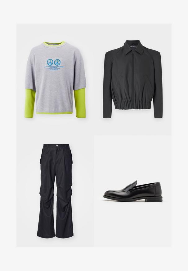 Μαύρο cropped σακάκι από λείο ύφασμα, με μπροστινό φερμουάρ, μυτερό γιακά και ελαστική μέση, διαθέτει πλαϊνές τσέπες και μακριά μανίκια.; Γκρι βαμβακερή μπλούζα με φωτεινό πράσινο εσωτερικό στρώμα, με γαλάζιους συμβόλους ειρήνης και κείμενο εκτύπωσης στο μπροστινό μέρος. Κοντά μανίκια, άνετη γραμμή.; Μαύρο παντελόνι με ρίγες και φαρδιά σχεδίαση ποδιού, με πιέτες, πλαϊνές τσέπες και κλείσιμο με κουμπί στην μπροστινή πλευρά. Λείο υλικό.; Μαύρες δερμάτινες μπαλαρίνες με λεία υφή, στρογγυλή μύτη και διακοσμητική ταινία πάνω από το επάνω μέρος. Χαμηλός καπιτώνας, μινιμαλιστικός σχεδιασμός.