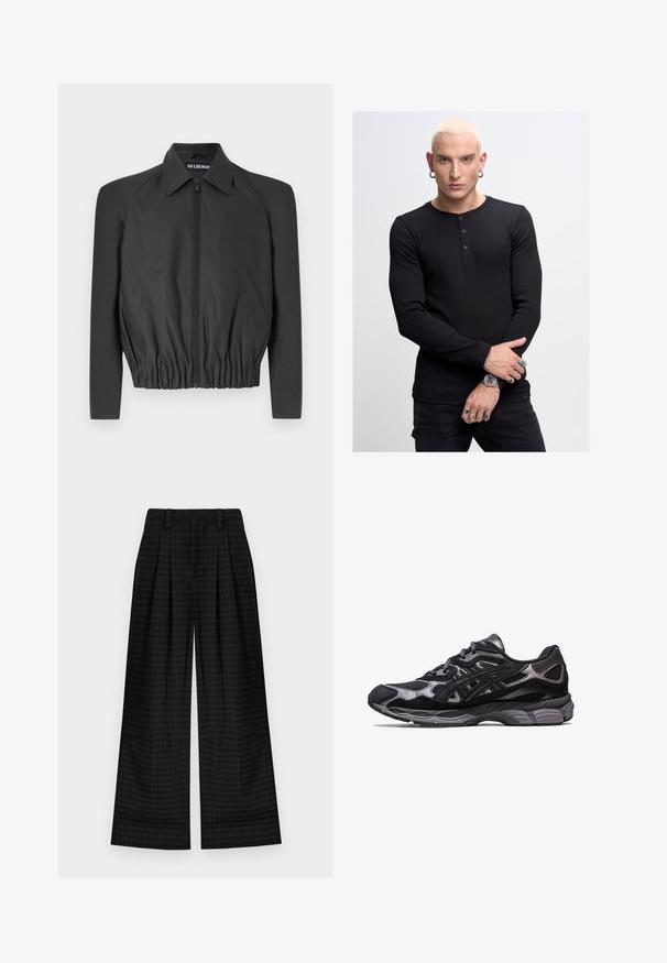 Svart kort jacka i slät tyg, med dragkedja framtill, spetsig krage och elastisk midja, samt sidofickor och långa ärmar.; Svart långärmad henley-tröja med tre knappar, ribbad текстur, kombinerad med svarta byxor. Anmärkningsvärd handjewelry inkluderar ringar och en klocka.; Svart rutmönstrad vida byxor med veck, som har en slät yta och klassisk design. Lättviktsmaterial för komfort.; Svart sportskor med ovandel i mesh och mocka, som har en strukturerad design och en robust, dämpad grå sula.