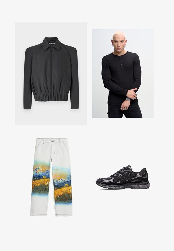 Černá zkrácená bunda vyrobená z hladkého materiálu, s předním zipem, špičatým límcem a elastickým pasem, s bočními kapsami a dlouhými rukávy.; Černá dlouhá rukávová henley košile s třemi knoflíky, s žebrovanou texturou, spárována s černými kalhotami. Výrazné ruční šperky zahrnují prsteny a hodinky.; Desigual LANDSCAPE - Kalhoty - white; Černá atletická bota s vrchní částí z mesh a semiše, která má strukturovaný design a robustní, polstrovanou šedou podrážku.