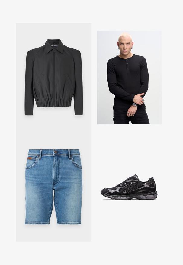 Fekete, sima anyagból készült hosszított dzseki, elől cipzárral, hegyes gallérral és rugalmas derékkal, oldalsó zsebekkel és hosszú ujjakkal.; Fekete, hosszú ujjú henley póló három gombbal, ribbelt textúrával, fekete nadrággal párosítva. Figyelemre méltó kézékszerek között szerepelnek gyűrűk és egy óra.; Világoskék farmer rövidnadrág, egyenes szabású, öt zsebes és gombos záródással. A szövet enyhe fakulása textúrát ad.; Fekete sportcipő, hálós és velúr felsőrésszel, textúrázott mintázattal és egy masszív, párnázott szürke talppal.