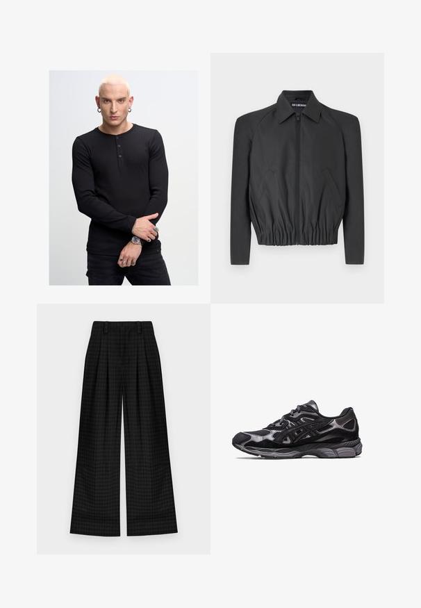Mustast lühikest jakk, mis on valmistatud siledast kangast, millel on lukuga esiosa, terav krae ja elastne vöökoht, küljetaskud ja pikad varrukad.; Must have pikendate varrukad ja kolme nööbiga must henley särk, ribatud tekstuuriga, sobitatud mustade pükste ja käevõru ning kellaga käe ehted.; Mustrite ruudulised laiad püksid, millel on pleidid, sujuva tekstuuri ja klassikaline disain. Kerge kangas mugavuseks.; Mustad mustus spordijalats, millel on võrk- ja nubukülem, kus on tekstuuriga disain ning tugev ning pehme hall tallad.