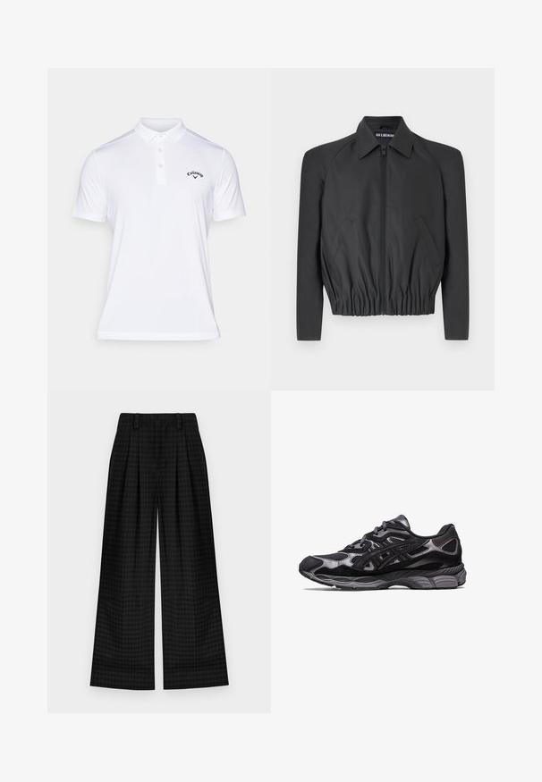 Juodas trumpas švarkas iš lygaus audinio, su užtrauktuku priekyje, smailiu apykaklę ir elastinga juosmens juosta, su šoniniais kišenėmis ir ilgomis rankovėmis.; Callaway TOURNAMENT - Polo marškinėliai - white; Juoda škotų raštu plačių kojų kelnės su raukiniais, turinčios lygią tekstūrą ir klasikį dizainą. Lengvas audinys patogumui.; Juodas sportinis batelis su tinkliniu ir zomšiniu paviršiumi, turintis tekstūruotą dizainą ir tvirtą, paminkštintą pilkos spalvos padą.