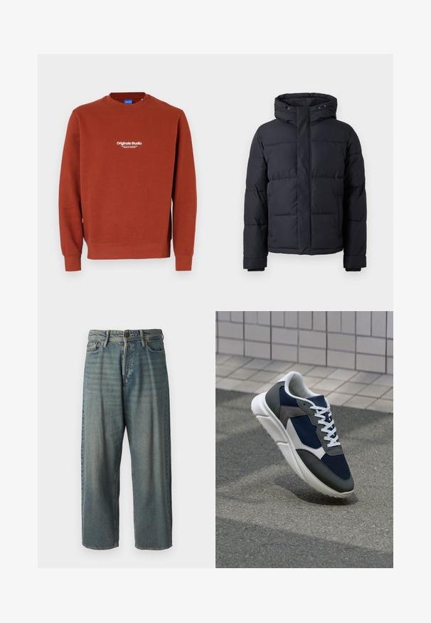 Čierna prešívaná bunda s kapucňou, s uzatváraním na zips, prešívaným dizajnom a elastickými manžetami pre teplo a pohodlie.; K sweatshirt v rustovej farbe vyrobený z mäkkej tkaniny. Má okrúhly výstrih a dlhé rukávy. Biele písmená na prednej strane zobrazujú "Originals Studio."; Svetlomodré denimové nohavice so voľným strihom, stredne vysokým pásom a rovnými nohavicami. Obsahujú päť vreciek, pútka na opasok a zapínanie na gombík.; Tenisky s sieťovinou v námorníckej modrej farbe, so sivými semišovými detailmi, bielou gumovou podrážkou a plochými bielymi šnúrkami, navrhnuté pre pohodlie a priedušnosť.