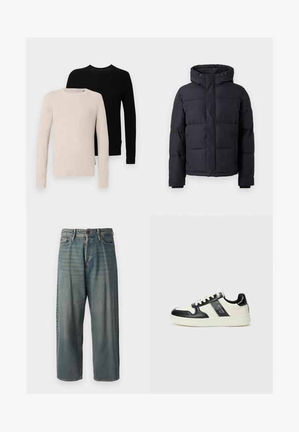 Melnā pūkļa jaka ar kapuci, ar rāvējslēdzēju, ar siltinātu dizainu un elastīgām piedurknēm siltumam un komfortam.; Divi riboti adīti džemperi: viens bēšs un otrs melns. Abi ir ar garām piedurknēm un apaļu apkakli, ar redzamām teksturētām rakstu zīmēm.; Gaiši zili džinsi ar brīvu piegriezumu, vidējo jostas augstumu un taisnām kājām. Satur piecas kabatas, jostas cilpas un pogu aizdari.; Ādas sporta apavi ar melnbaltu krāsu shēmu, ar perforētiem akcentiem, mīkstinātu apkakli un teksturētu zoli.