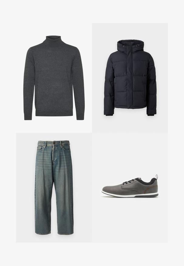 Svart dunjakke med hette, med glidelåsfront, quiltet design og elastiske cuffs for varme og komfort.; Grå turtleneck genser laget av myk strikket stoff. Har ribbestrikket hals og ermer, lange ermer og et enkelt, u dekorert design.; Lyseblå denimjeans med løs passform, midjehøyde og rette ben. Har fem lommer, beltehemper og knappelukking.; Graue skinnsko med svarte detaljer, med rund tå, snøring, hvit såle og en liten løftekant bak på hælen.