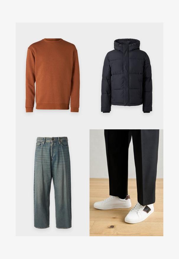 Doudoune noire avec capuche, dotée d'une fermeture éclair, au design matelassé et avec des poignets élastiques pour chaleur et confort.; Jack & Jones JJEBRADLEY CREW - Sweatshirt - mocha bisque; Jeans en denim bleu clair avec une coupe ample, taille mi-haute et jambes droites. Comprend cinq poches, des passants de ceinture et une fermeture à bouton.; Des sneakers blanches au texture lisse, avec des accents en cuir marron et des détails noirs, assorties à un pantalon noir ajusté. Fond en parquet.