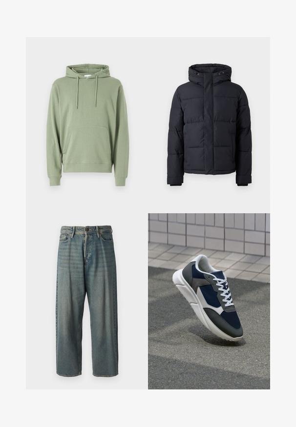 Čierna prešívaná bunda s kapucňou, s uzatváraním na zips, prešívaným dizajnom a elastickými manžetami pre teplo a pohodlie.; Mikina s kapucňou v svetlozelenej bavlnenej zmesi, s dlhými rukávmi, predným vreckom a šnúrkou na nastaviteľné prispôsobenie.; Svetlomodré denimové nohavice so voľným strihom, stredne vysokým pásom a rovnými nohavicami. Obsahujú päť vreciek, pútka na opasok a zapínanie na gombík.; Tenisky s sieťovinou v námorníckej modrej farbe, so sivými semišovými detailmi, bielou gumovou podrážkou a plochými bielymi šnúrkami, navrhnuté pre pohodlie a priedušnosť.