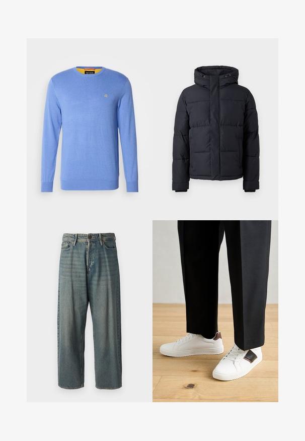 Schwarze Daunenjacke mit Kapuze, ausgestattet mit einem Reißverschluss, gestepptem Design und elastischen Bündchen für Wärme und Komfort.; Hellblauer gestrickter Pullover mit langen Ärmeln und Rundhals; verfügt über ein kleines goldenes Emblem auf der Brust und einen kontrastierenden gelben Innenkragen.; Helle blaue Denim-Jeans mit lockerer Passform, mittelhoher Taille und geraden Beinen. Hat fünf Taschen, Gürtelschlaufen und einen Knopfverschluss.; Weiße Sneakers mit glatter Textur, versehen mit braunen Lederakzenten und schwarzen Details, kombiniert mit schwarzen maßgeschneiderten Hosen. Hintergrund aus Holzboden.