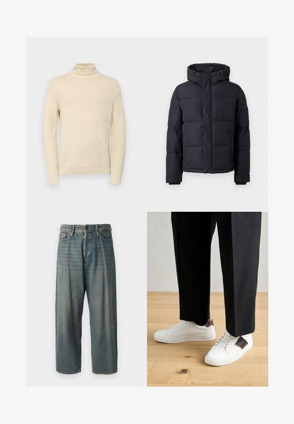 Black puffer jacket with a hood, featuring a zip closure, quilted design, and elastic cuffs for warmth and comfort.; Cream-colored turtleneck sweater with a textured knit pattern, featuring long sleeves and ribbed cuffs and hem.; Light blue denim jeans with a loose fit, mid-rise waist, and straight legs. Features five pockets, belt loops, and a button closure.; White sneakers with smooth texture, featuring brown leather accents and black detailing, paired with black tailored pants. Wooden floor background.