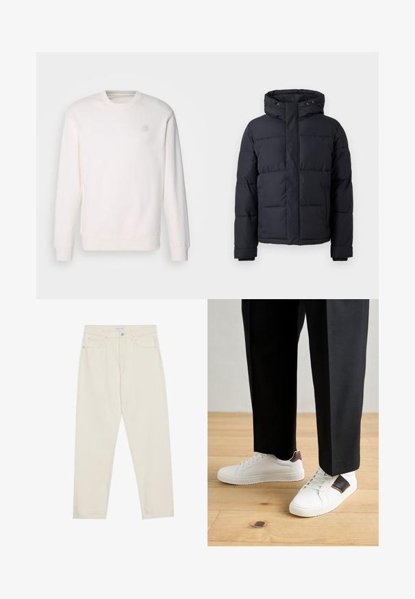 Giacca a vento nera con cappuccio, caratterizzata da una chiusura con zip, design trapuntato e polsini elasticizzati per calore e comfort.; Felpa bianca realizzata in morbido tessuto, con un collo rotondo, maniche lunghe, polsini a costine e un piccolo logo quadrato sul petto.; Jeans in denim beige con taglio dritto, dotati di cinque tasche, chiusura con bottone e dettagli di cucitura discreti. Texture liscia.; Sneakers bianchi dalla texture liscia, con dettagli in pelle marrone e particolari neri, abbinati a pantaloni neri su misura. Sfondo in parquet.