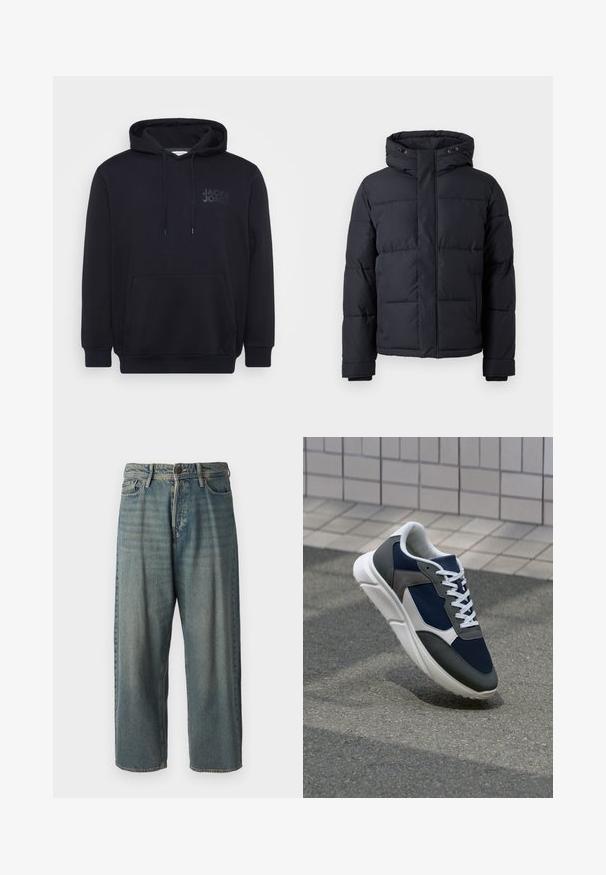 Fekete puffdzseki kapucnival, cipzárral, tűzött mintázattal és rugalmas mandzsettákkal a kényelem és melegség érdekében.; Fekete kapucnis pulcsi pamutkeverékből, elöl kenguruzsebbel, húzózsinóros kapucnival és diszkrét logóval a mellrészen.; Világoskék farmernadrág, laza fazonnal, közepes derékbőséggel és egyenes szárral. Öt zsebet, övbucskát és gombos záródást tartalmaz.; Cipő, amelynek sötétkék hálós felsőrésze, szürke velúr díszítései, fehér gumitalpa és lapos fehér fűzője van, a kényelem és a légáteresztő képesség érdekében tervezve.