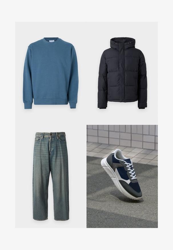 Czarna kurtka puchowa z kapturem, z zamek błyskawicznym, pikowanym wzorem oraz elastycznymi mankietami, zapewniająca ciepło i komfort.; Niebieska bawełniana bluza z okrągłym dekoltem, ściągaczami przy rękawach i prostym dołem. Charakteryzuje się gładką teksturą i luźnym krojem.; Jasnoniebieskie dżinsy o luźnym kroju, średnim stanie i prostych nogawkach. Posiadają pięć kieszeni, szlufki na pasek oraz zapięcie na guzik.; Sneakers z granatową siateczkową cholewką, szarymi zamszowymi akcentami, białą gumową podeszwą i płaskimi białymi sznurówkami, zaprojektowane z myślą o komforcie i wentylacji.