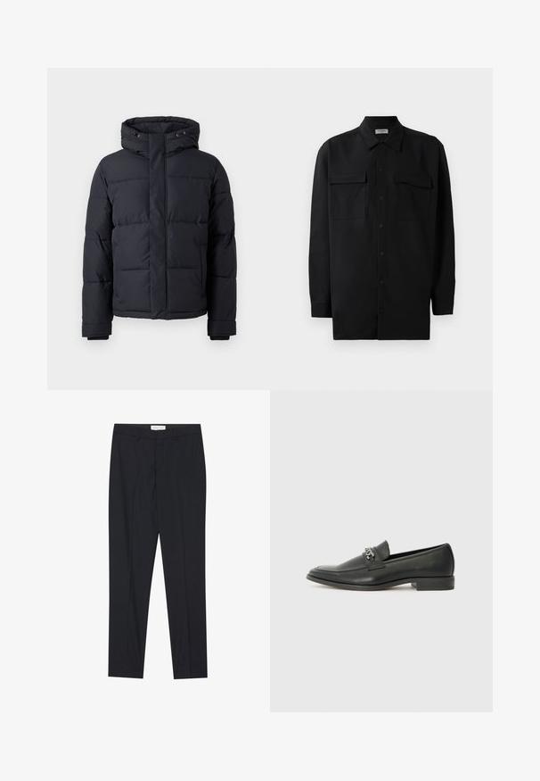 Črna puhasta jakna s kapuco, z zadrgo, kvadraticnim dizajnom in elastičnimi manšetami za toploto in udobje.; Črn srajčni zgornji del iz gladkega materiala, s klasičnim ovratnikom, dvema sprednjima žepoma in dolgimi rokavi z gumbi na manšetah.; Črne krojene hlače s ravnim sprednjim delom, redne kakovosti, izdelane iz gladkega materiala, z gubanjem in stranskimi žepi.; Črni usnjeni loafer z gladko površino, ki ima šivano zasnovo in dekorativni kovinski verižni naglas preko vampirja. Ravno peto.