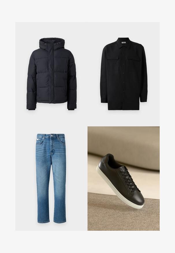 Must rõngasjakke, millel on kapuuts, lukuga kinnitamine, tikandmuster ja elastsed mansetid sooja ja mugavuse tagamiseks.; Mustmust värvi nööpidega särk, mis on valmistatud sujuvast kangast, klassikalise kraega, kahe eesmise tasku ja pikkade varrukatega, millel on nööpidega mansetid.; Heled sinised denim teksad sirge lõikega, mis on varustatud nup closure, viie tasku ja peene tuhmumisega reitel ja servades.; Mustad nahast tennisetossud valge kummist tallaga ja mustade paeltega, paigutatud beežile kangapinnale ja -taustale.