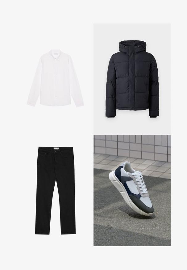 Giacca a vento nera con cappuccio, caratterizzata da una chiusura con zip, design trapuntato e polsini elasticizzati per calore e comfort.; Camicia bianca a maniche lunghe con bottoni, realizzata in cotone. Presenta un colletto classico, bottoni frontali e una texture liscia senza motivi visibili.; Jeans neri a gamba dritta con design a cinque tasche, chiusura con bottone e zip, e etichetta del marchio Pier One sulla cintura.; Sneaker bianca, blu navy e grigia con un design a materiali misti, caratterizzata da una tomaia testurizzata, lacci piatti e una suola imbottita.