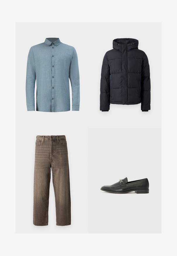Jachetă puffer neagră cu glugă, dotată cu închidere cu fermoar, design matlasat și manșete elastice pentru căldură și confort.; Cămașă în carouri de culoare albastră deschisă, confecționată din bumbac, cu guler pliat, un singur buzunar la piept și mâneci lungi cu manșete butonate.; Jeanși largi maro, confecționați din denim. Au fermoar la ușă, bucle pentru curea și cinci buzunare. Țesătura prezintă un aspect decolorat și texturat.; Pantofii negri din piele cu un finisaj neted, având un design cusut și un accent decorativ de lanț metalic peste partea de sus. Toc plat.
