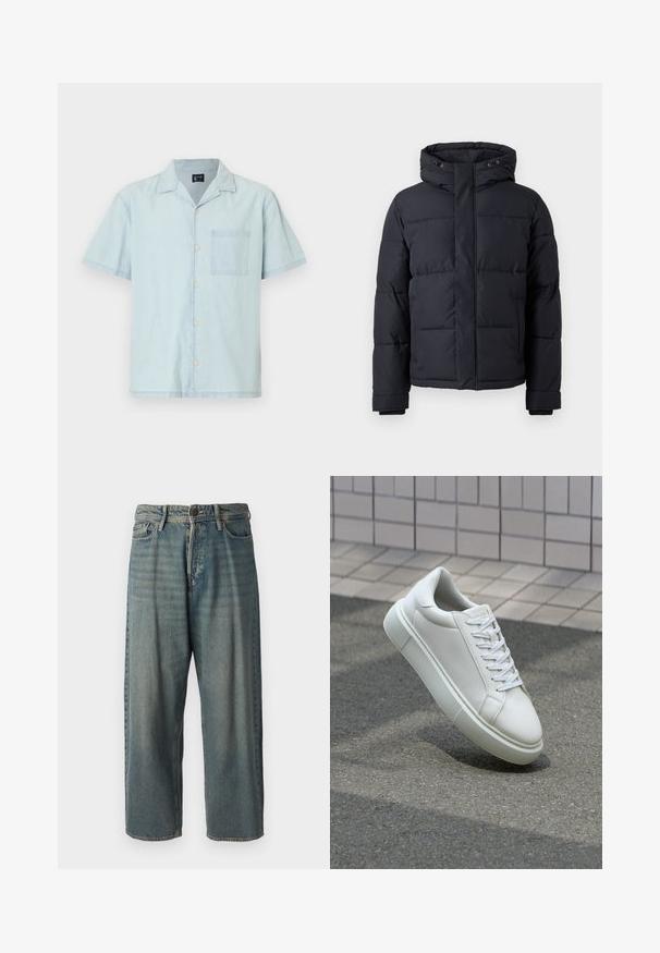 Sort puffjakke med hætte, der har lynlås lukning, quiltet design og elastiske manchetter for varme og komfort.; Lysblå skjorte med korte ærmer i let materiale, der har en klassisk krave, frontknapper og en lomme på venstre bryst.; Lyseblå denim jeans med løs pasform, mellemhøj talje og lige ben. Har fem lommer, bæltestropper og en knappelukning.; Hvide lædersneakers med en glat overflade, rund tå og flade hvide snørebånd. Har en tekstureret gummisål og minimalt design.