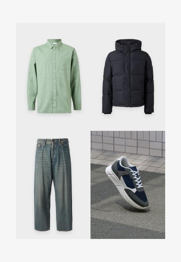 Čierna prešívaná bunda s kapucňou, s uzatváraním na zips, prešívaným dizajnom a elastickými manžetami pre teplo a pohodlie.; Dlhý rukáv, svetlozelená košeľa na gombíky s vreckom na hrudi, zapnutým golierom a béžovými gombíkmi na jednoduchom pozadí.; Svetlomodré denimové nohavice so voľným strihom, stredne vysokým pásom a rovnými nohavicami. Obsahujú päť vreciek, pútka na opasok a zapínanie na gombík.; Tenisky s sieťovinou v námorníckej modrej farbe, so sivými semišovými detailmi, bielou gumovou podrážkou a plochými bielymi šnúrkami, navrhnuté pre pohodlie a priedušnosť.