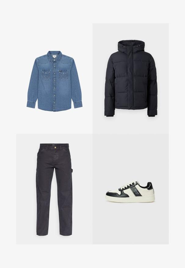 Mustat puhvitakki, jossa on huppu, vetoketjukiinnitys, tilkkutäkkimuotoilu ja joustavat hihansuut lämpöä ja mukavuutta varten.; Vaaleansininen farkkupaita pitkillä hihoilla, jossa on terävä kaulus, kaksi rintataskua, nepparipainikkeet ja vahvistetut saumat. Wrangler-merkkiläppä taskussa.; Tummanharmaat cargo-housut, jotka on valmistettu kestävästä kankaasta. Niissä on suora lahkeellinen leikkaus, viisi taskua ja nappikiinnitys vyötäröllä.; Nahkakengät musta-kerma värimaailmassa, joissa on rei'itetyt yksityiskohdat, pehmustettu nilkkaosa ja teksturoitu pohja.