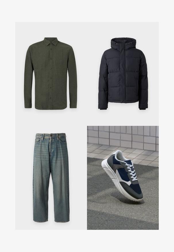 Black puffer jacket with a hood, featuring a zip closure, quilted design, and elastic cuffs for warmth and comfort.; Dark green long-sleeve button-up shirt with collar, displayed flat against white background.; Light blue denim jeans with a loose fit, mid-rise waist, and straight legs. Features five pockets, belt loops, and a button closure.; Sneaker featuring a navy blue mesh upper, gray suede accents, white rubber sole, and flat white laces, designed for comfort and breathability.